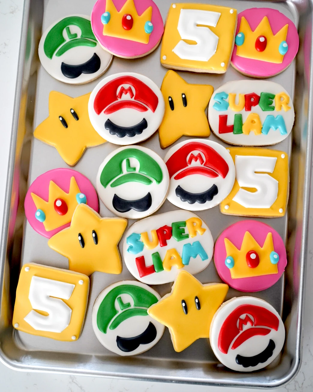 Colorful Super Mario fifth birthday cookies
