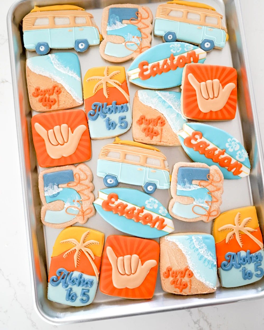 Orange and blue car and burger birthday cookies